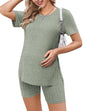 Ekouaer Maternity Sets 2 Piece Outfits Ribbed Knit Short Sleeve Shirts and Biker Shorts Pregnancy Loungewear Mama Clothes