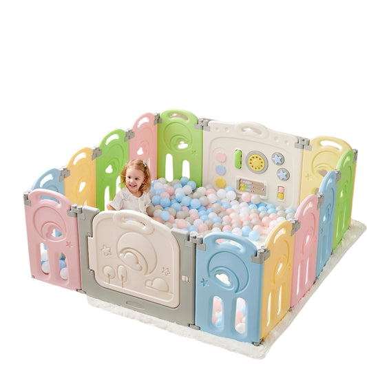 Fortella Cloud Castle Foldable Playpen, Baby Safety Play Yard with Whiteboard and Activity Wall, Indoors or Outdoors (Multicolor 14 Panel)