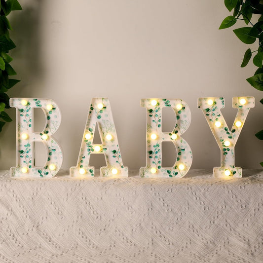 Woodland Greenery Centerpieces Baby Marquee Light up Sign Letters 8.26'' Baby Shower Letter Battery Operated Gender Reveal Birthday Party Decor for Home Table(Eucalyptus Leaf Baby,Green)
