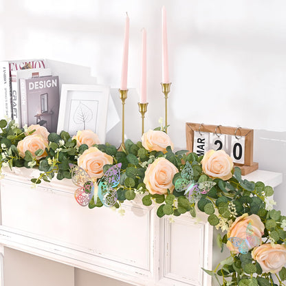 Yastouay 6.4 Ft Fuller Artificial Eucalyptus Garland with Champagne Flowers Fake Rose Vine for Table Centerpiece Wedding Baby Shower Party Room Backdrop Decor