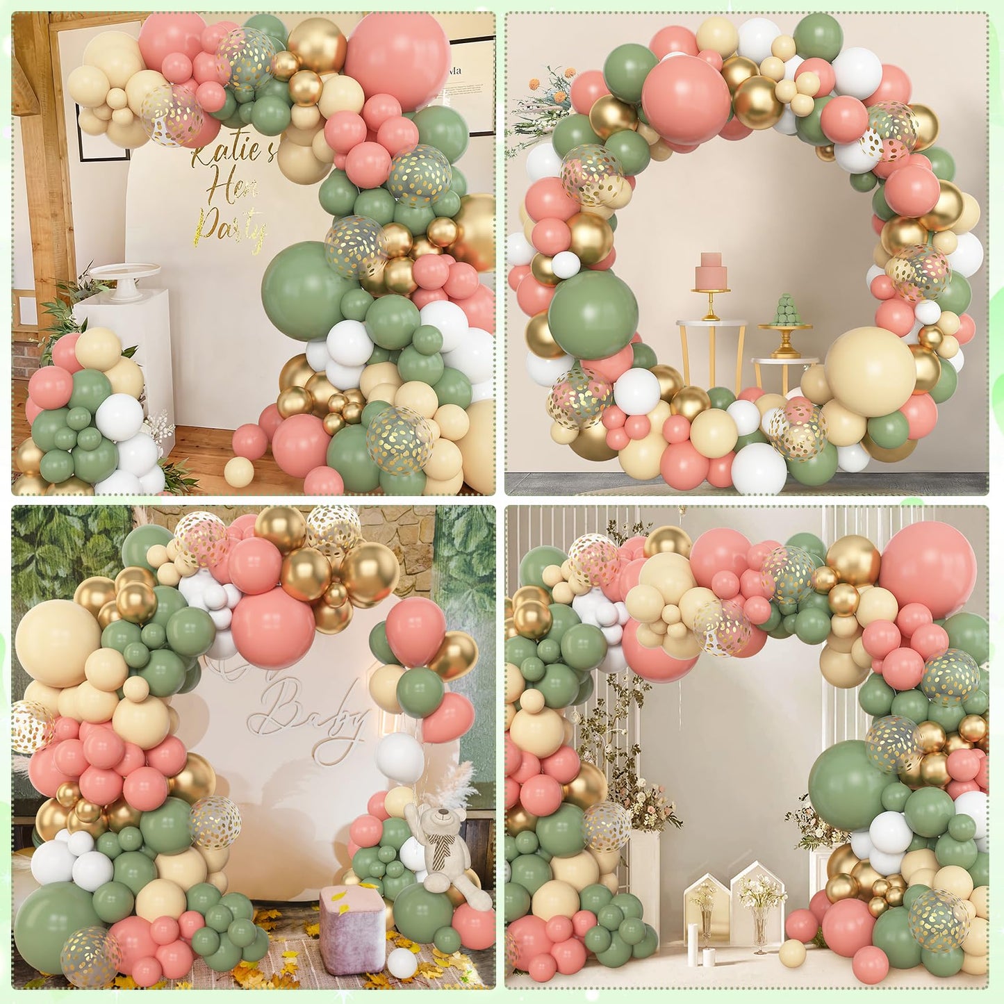 Amandir 153pcs Sage Green Balloon Garland Arch Kit, Different Sizes 18 12 10 5 inch Green Blush Gold Latex Metallic Confetti Gold Balloons for Birthday Baby Shower Wedding Safari Forest Decorations