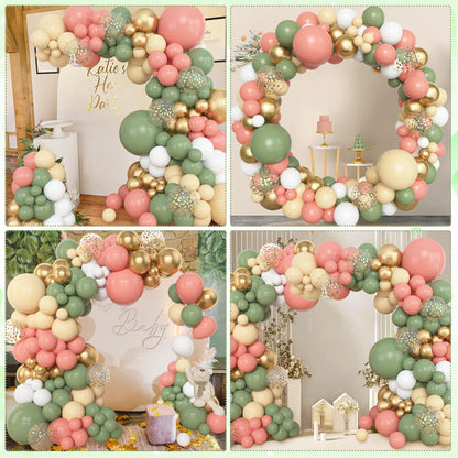 Amandir 153pcs Sage Green Balloon Garland Arch Kit, Different Sizes 18 12 10 5 inch Green Blush Gold Latex Metallic Confetti Gold Balloons for Birthday Baby Shower Wedding Safari Forest Decorations