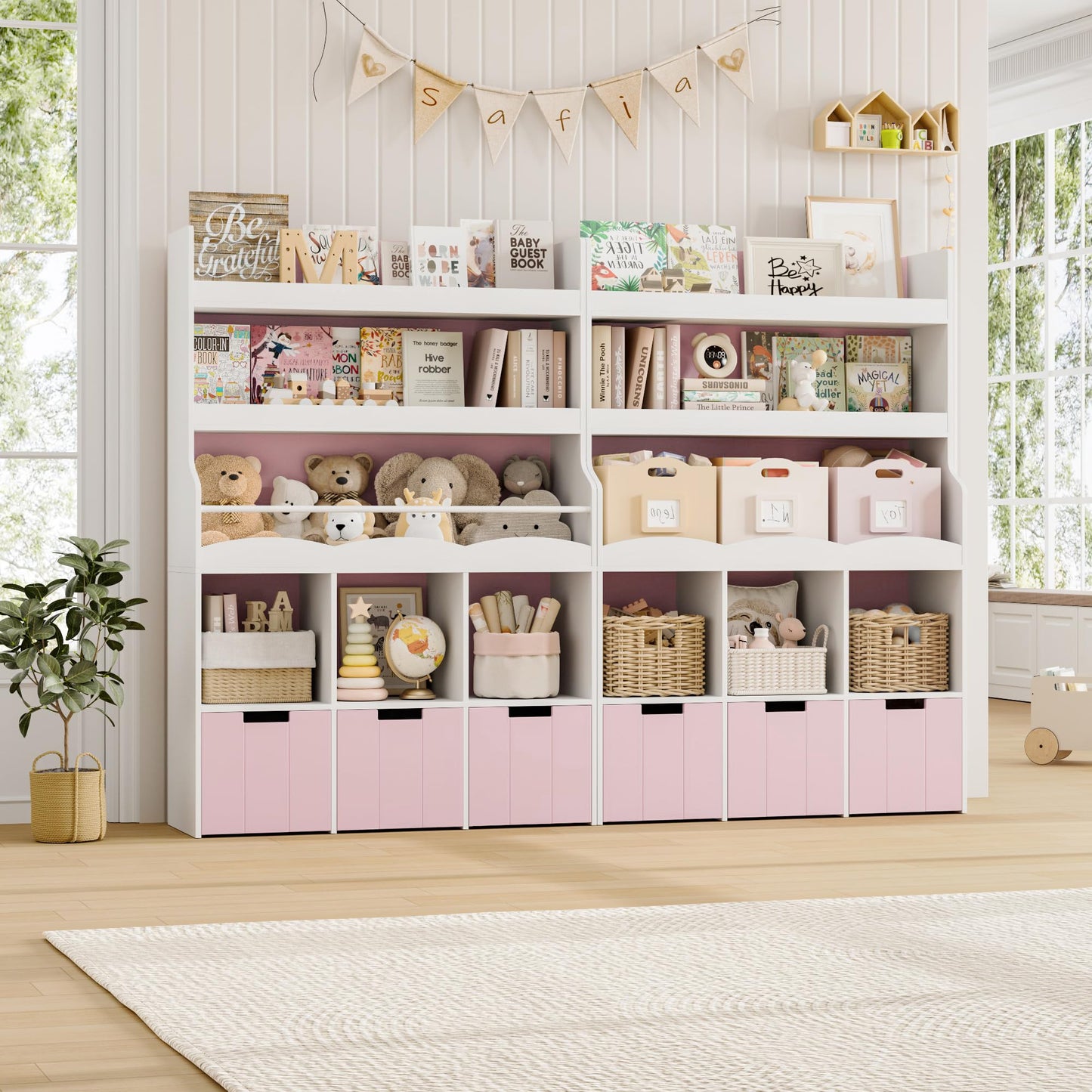 HITHOS 55.3" H Kids Bookshelf with Toy Storage Organizer, Tall Book Shelf with 3 Movable Toy Storage Bins, Large Kids Bookcase with Toy Chest, 39.2" W Modern Toy Box for Kids Room, Playroom, White