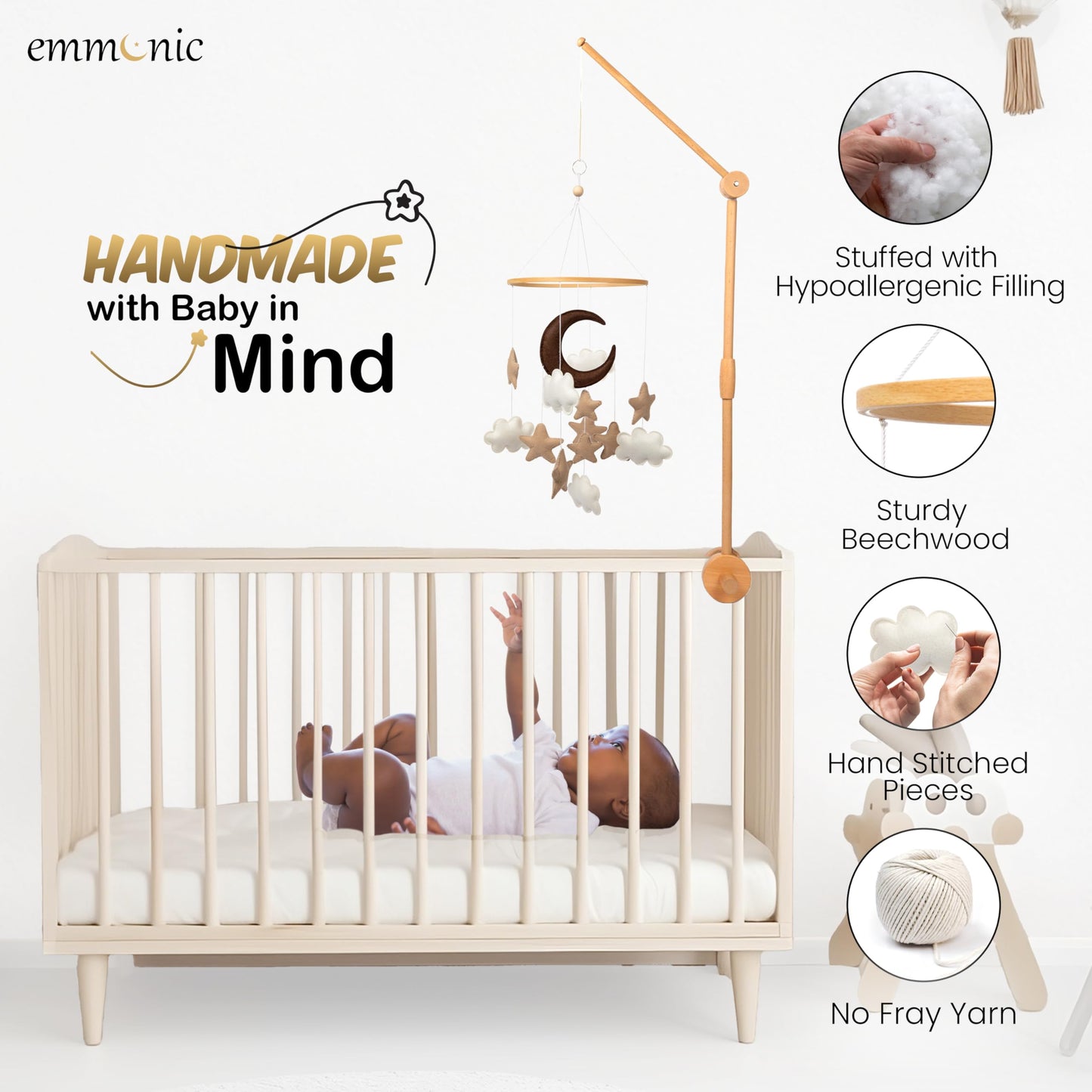 Baby Mobile for Crib - Handmade Modern Boho Baby Mobiles for Bassinet Felt Nursery Mobile Gender Neutral - Gold Moon and Stars - Girl Cribs Decorations