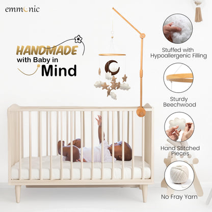 Baby Mobile for Crib - Handmade Modern Boho Baby Mobiles for Bassinet Felt Nursery Mobile Gender Neutral - Gold Moon and Stars - Girl Cribs Decorations