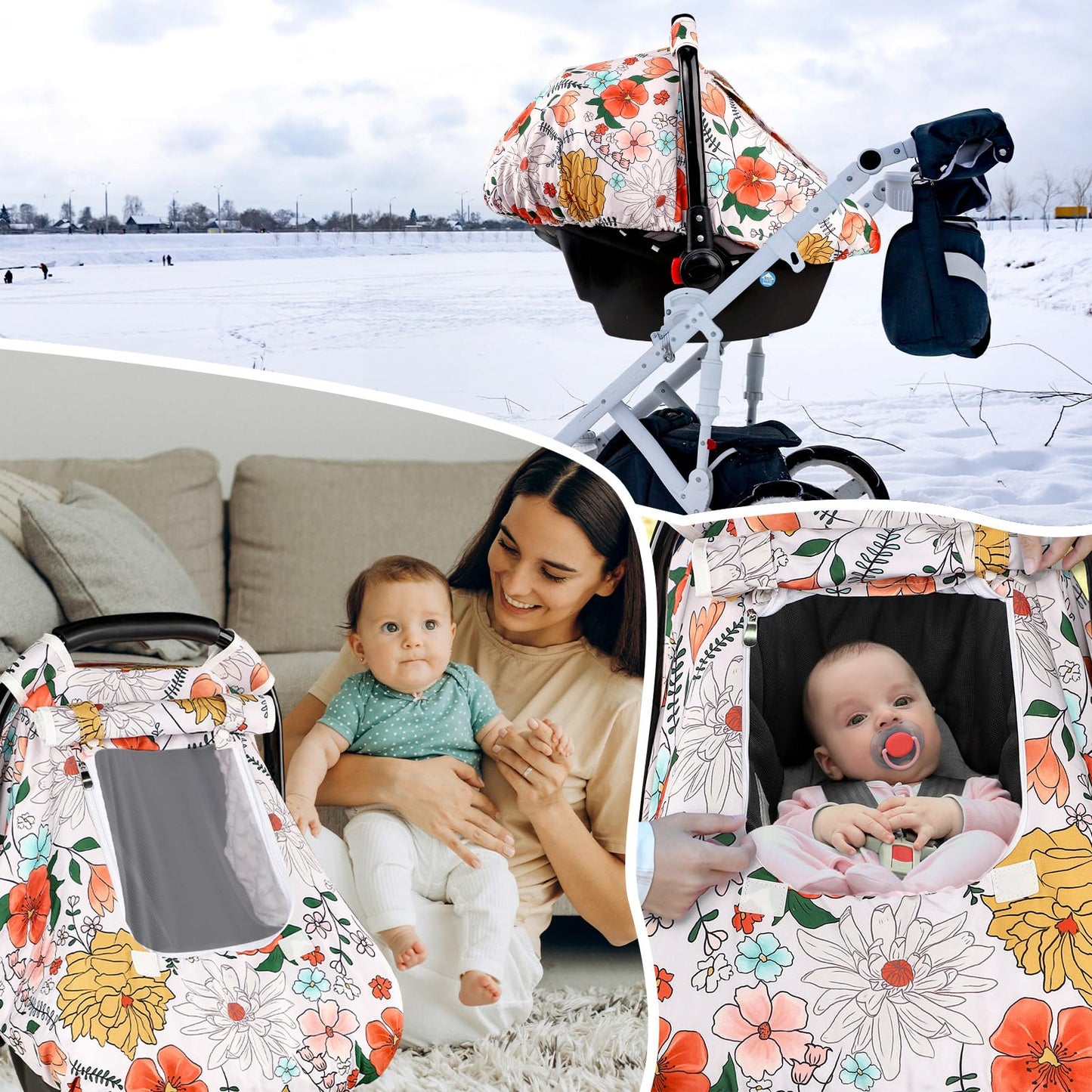Pea Pod Car Seat Cover Baby, Infant Car Seat Canopy Covers for Newborn with 2 Layers Windows of Breathable Mesh Fabric, Lightweight Polyester/Soft Minky Dot Backing (Floral & Rainbow)