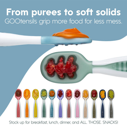 NumNum Baby Spoons Set, Baby Essentials Pre-Spoon GOOtensils for 6+ Months, First Stage Self-Feeding Spoons for Baby Led Weaning (BLW), Silicone Toddler Utensils, BPA-Free, 2 Pack Frosty Lilac/Rosebud