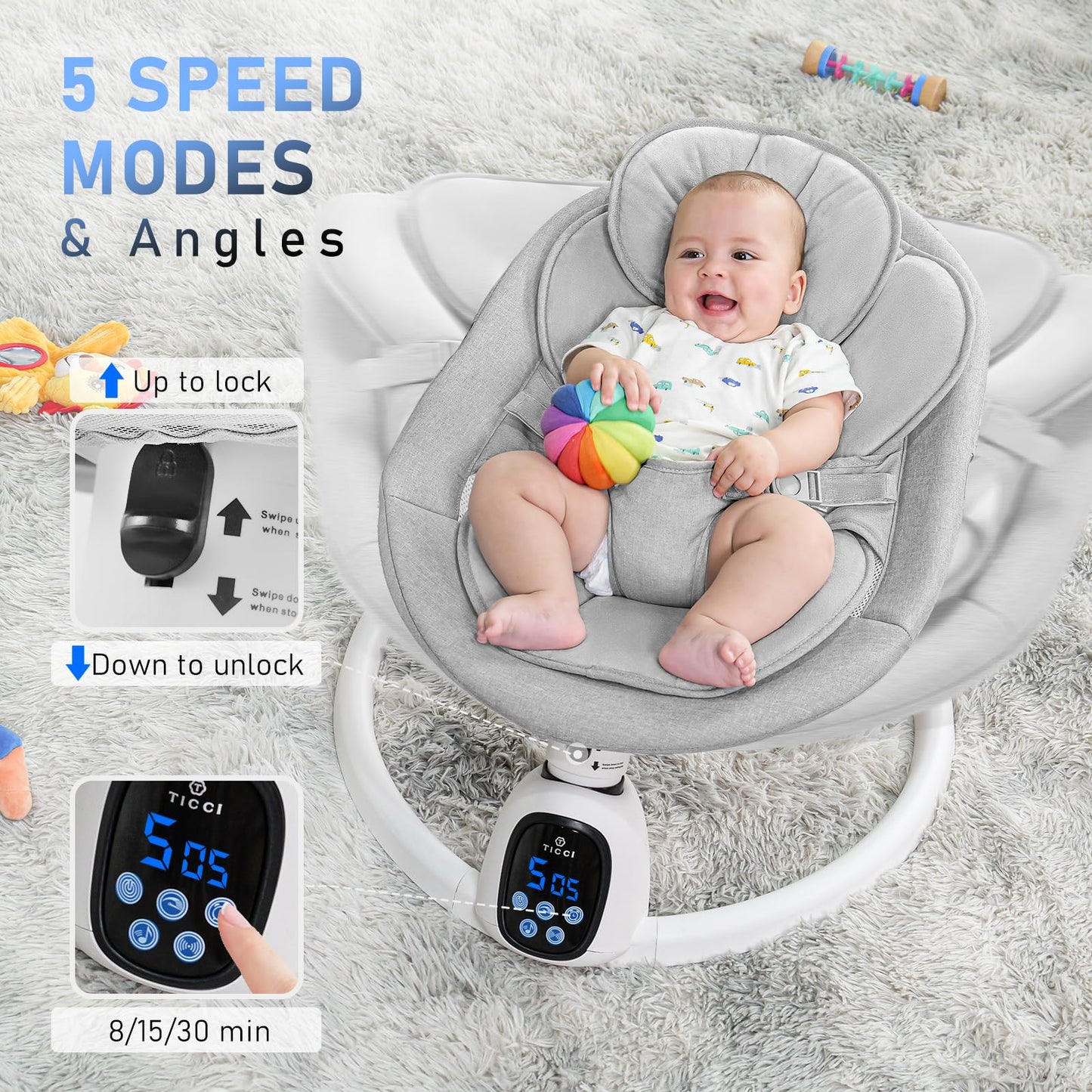 T TICCI Baby Swings for Infants, Smart Portable Baby Swing for Newborn, Bluetooth Infant Swing with Music Speaker, Remote Control Indoor Rocker with 5 Sway Speeds, 0-6 Months, Pink