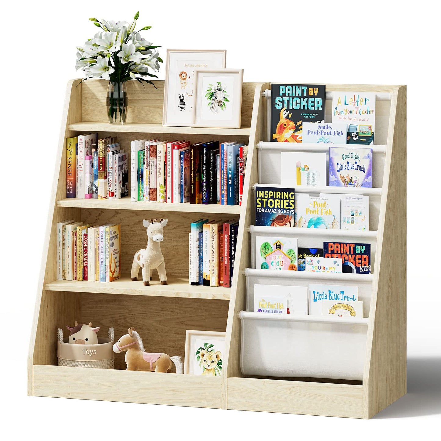 White Kids Bookshelf Wood Toy Storage Organizer Cabinet Children Bookcase Toddler Baby Sling Book Rack 3 Cube Bins Fabric Drawers for Playroom Bedroom Nursery School