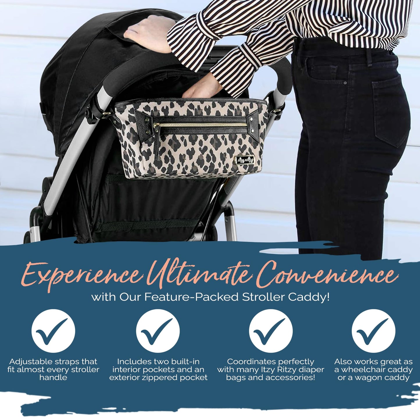 Itzy Ritzy Adjustable Stroller Caddy and Organizer Bag Featuring Front Zippered Pocket, 2 Built-in Interior Pockets & Adjustable Straps to Fit Nearly Any Stroller (Chai)