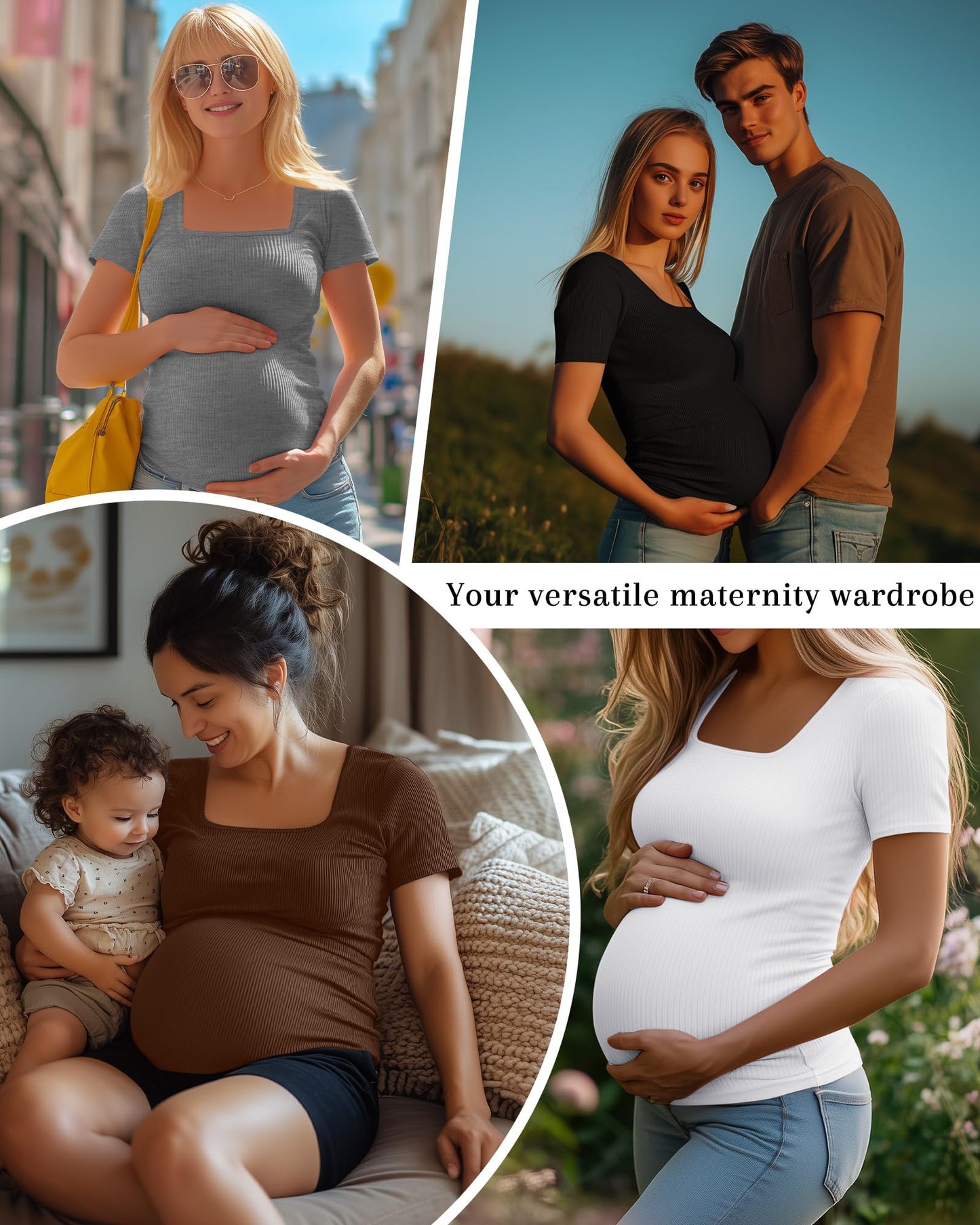 Huukeay 4 Pack Women's Maternity Shirts Cotton Ribbed Short Sleeve Square Neck Pregnancy Tops Side Ruched Summer Tee