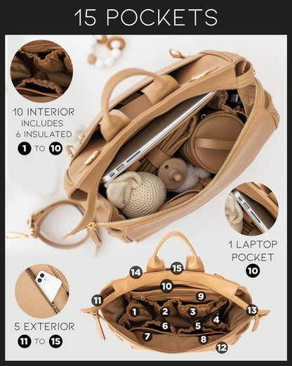 Leather Diaper Bag Backpack with USB Charging port, Changing Pad, Stroller Straps, and Bottle Holder (Brown Olivia)