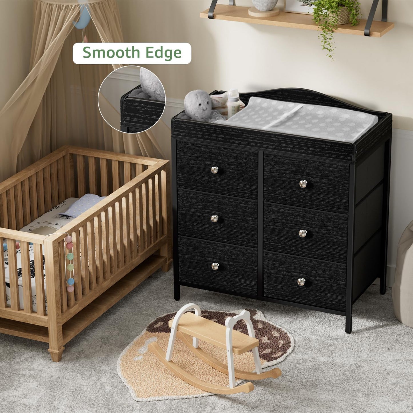 BOLUO Changing Table Dresser with 6 Fabric Drawers, Baby Dresser with Changing Table Top Diaper Changing Station with Storage for Nursery Modern