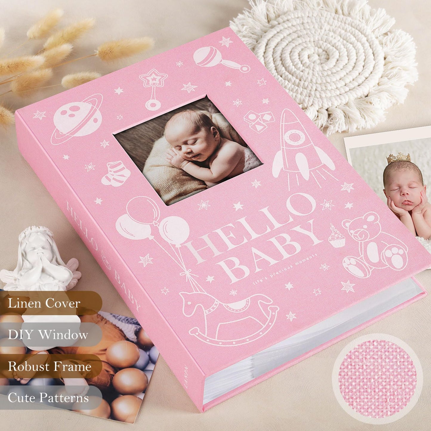 Lanpn Baby Photo Album 4x6 300 Pockets, Linen Newborn Bebe Ultrasound Photo Album with Memo Writing Area, Cover Photo Book, Picture Album for kids, Baby Girl Boy Memory Book Keepsake Colorful