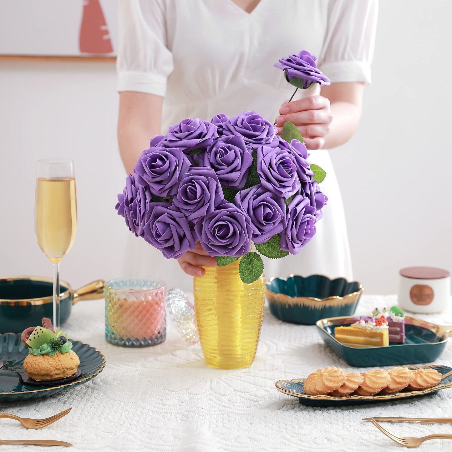 Artificial Flowers Combo, Fake Flowers for DIY Tables Centerpieces Baby Shower Bridal Shower Wedding Bouquet Arrangements Party Candle Holder Cake Decor Flower Home Decorations