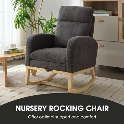 NIOIIKIT Modern Nursery Rocking Chair, Teddy Upholstered Rocking Chair with Footrest, Comfortable Glider Rocker with Side Pocket for Living Room, Bedroom, Nursing Room (Beige)