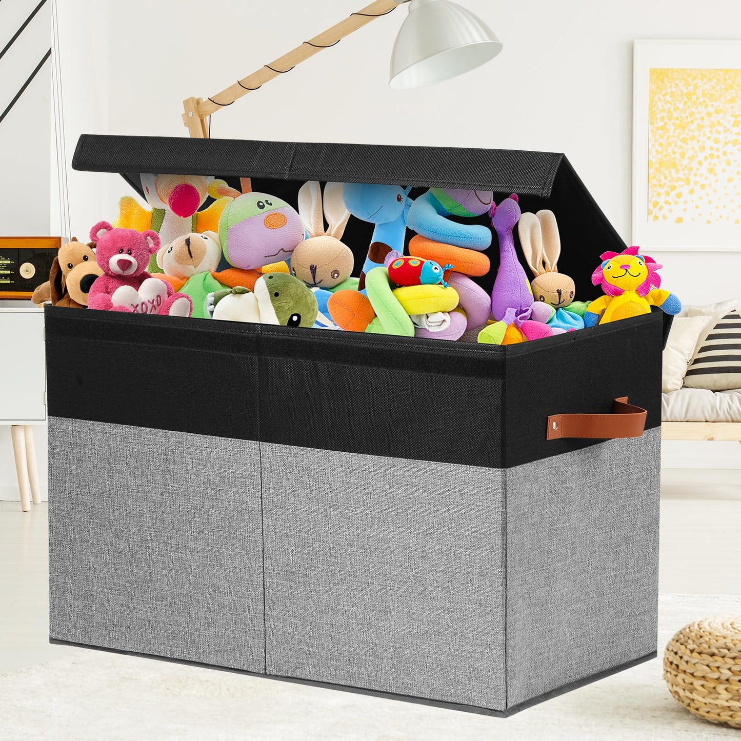 Large Toy Storage Box with Lid, Sturdy Toys Storage Chest Bin Organizer Basket with Dividers for Kids, Boys, Girls, Nursery, Closet, Bedroom, Playroom 25"x13" x16" (Beige and White)