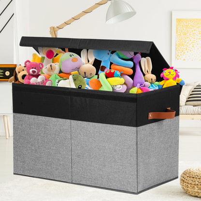Large Toy Storage Box with Lid, Sturdy Toys Storage Chest Bin Organizer Basket with Dividers for Kids, Boys, Girls, Nursery, Closet, Bedroom, Playroom 25"x13" x16" (Beige and White)