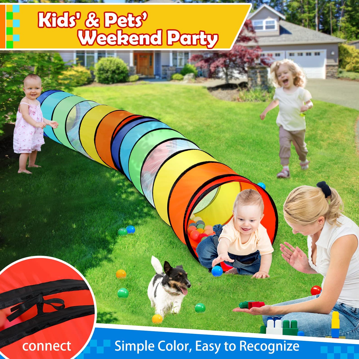 PigPigPen Pop Up Play Tunnel Tent for Toddlers Babies or Dogs, Indoor & Outdoor Toys for Kids Backyard Playset. (Red,Yellow,Blue)