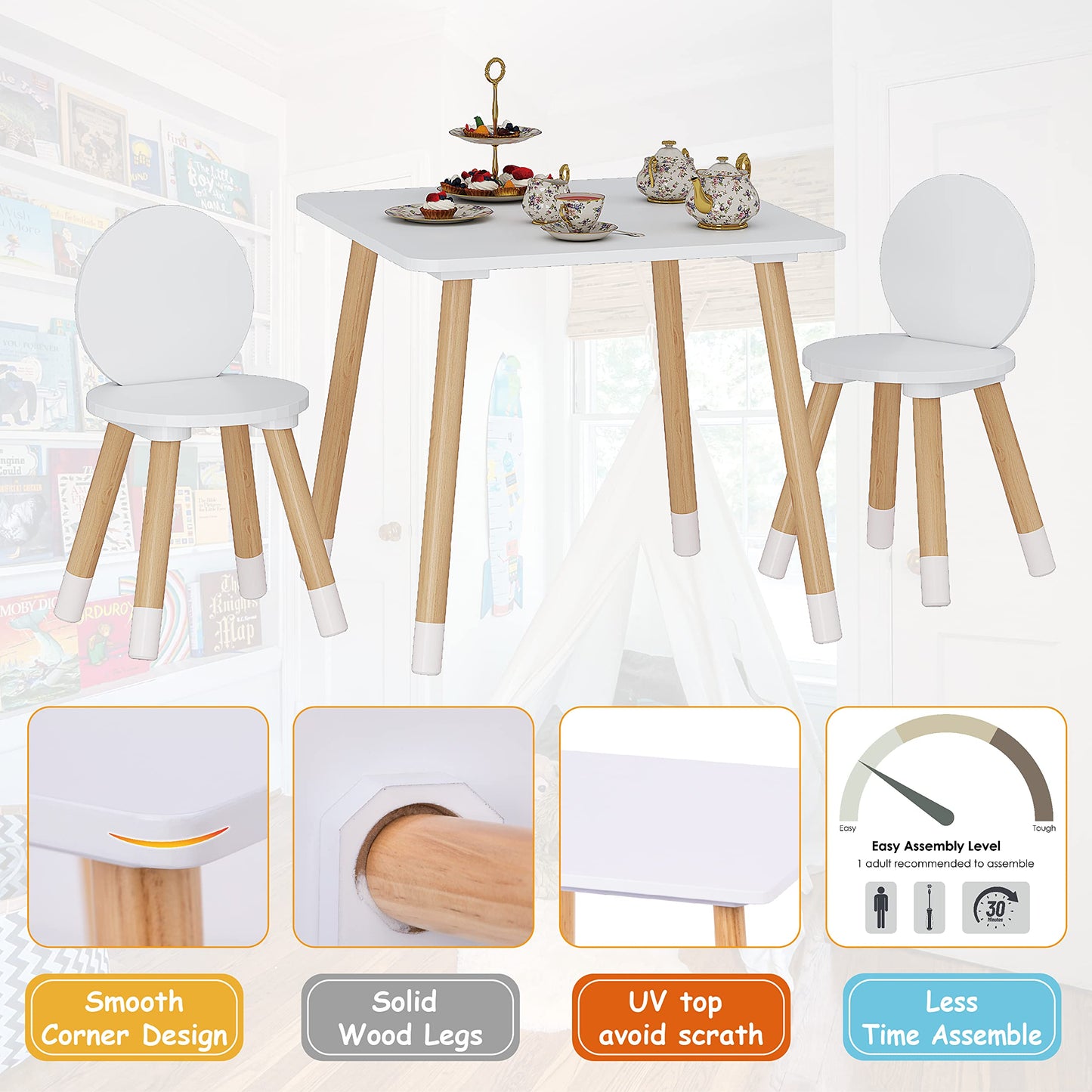 UTEX Kids Wood Table and Chair Set, Kids Play Table with 2 Chairs,3 Pieces Kids Round Table for Toddlers, Girls, Boys,White