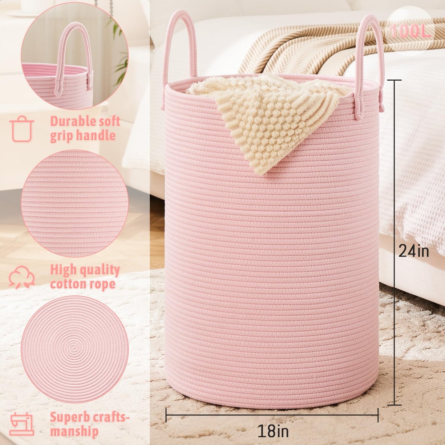 Laundry Basket,Woven Cotton Rope Laundry Hamper,60L for Decor Storage of Dirty Clothes,Toys and Blankets in Bathroom,Baby Room and Living Room
