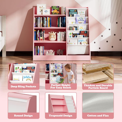 White Kids Bookshelf Wood Toy Storage Organizer Cabinet Children Bookcase Toddler Baby Sling Book Rack 3 Cube Bins Fabric Drawers for Playroom Bedroom Nursery School