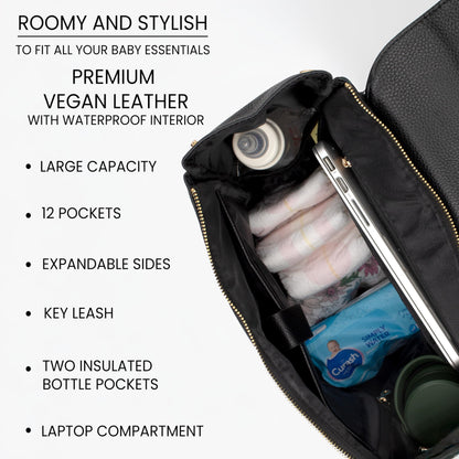 Premium Vegan Leather Diaper Bag Backpack – Large Designer Baby Bag, Stylish Diaper Backpack with Stroller & Crossbody Straps & Multiple Compartments (Powder Blue)