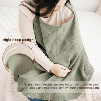 Konssy Muslin Nursing Cover for Baby Breastfeeding, Breathable 100% Cotton Breastfeeding Cover with Rigid Hoop for Mother Nursing Apron, Multi-use Carseat Canopy (Summer Wheat)