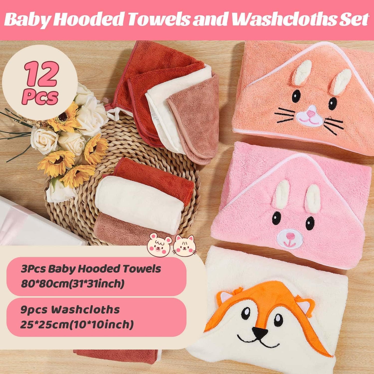 31x31 Inch Baby Hooded Towels, 12Pcs Bath Towels for Girls, Washcloth Set with Cute Design, Shower Towel Gift for Newborns, Infants and Toddlers