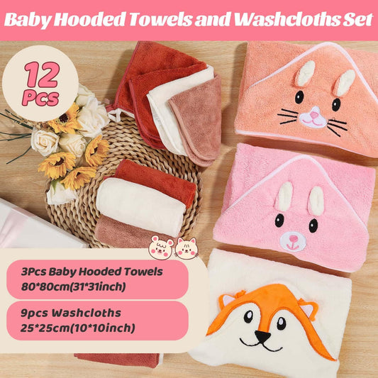 31x31 Inch Baby Hooded Towels, 12Pcs Bath Towels for Girls, Washcloth Set with Cute Design, Shower Towel Gift for Newborns, Infants and Toddlers