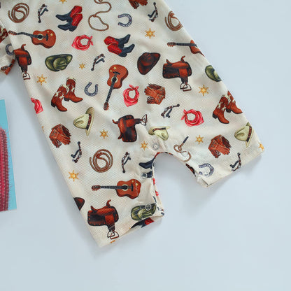 Gueuusu Country Baby Clothes Boy Girl Western Cow Print Short Sleeve Romper Bodysuit Ribbed One Piece Jumpsuit Summer Outfit