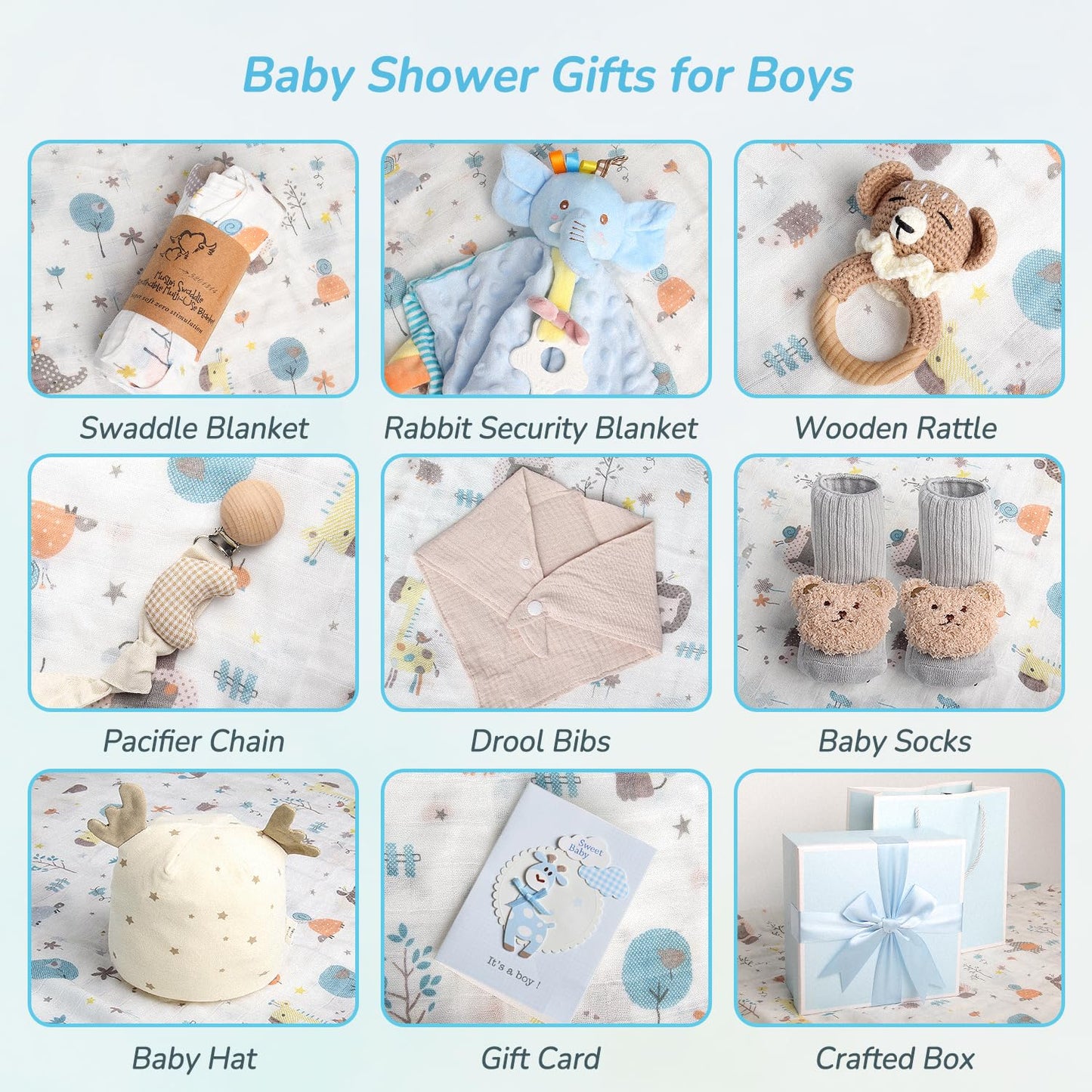 10PCS Baby Gift Set, Baby Gift Basket for Boys Girls, Gender Neutral Gifts, Baby Bath Sets for New Baby, Rattle Swaddle Blanket Baby Gifts for Boys Girls