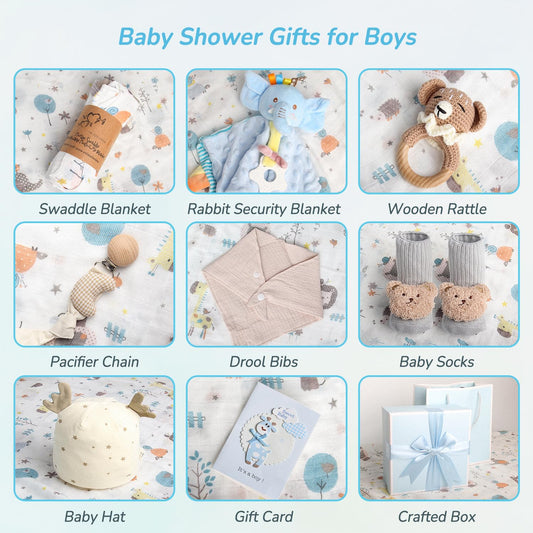 10PCS Baby Gift Set, Baby Gift Basket for Boys Girls, Gender Neutral Gifts, Baby Bath Sets for New Baby, Rattle Swaddle Blanket Baby Gifts for Boys Girls