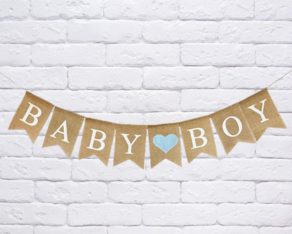 Baby Boy Burlap Banner for Baby Shower Decorations and Gender Reveal Party (Light Blue Heart)