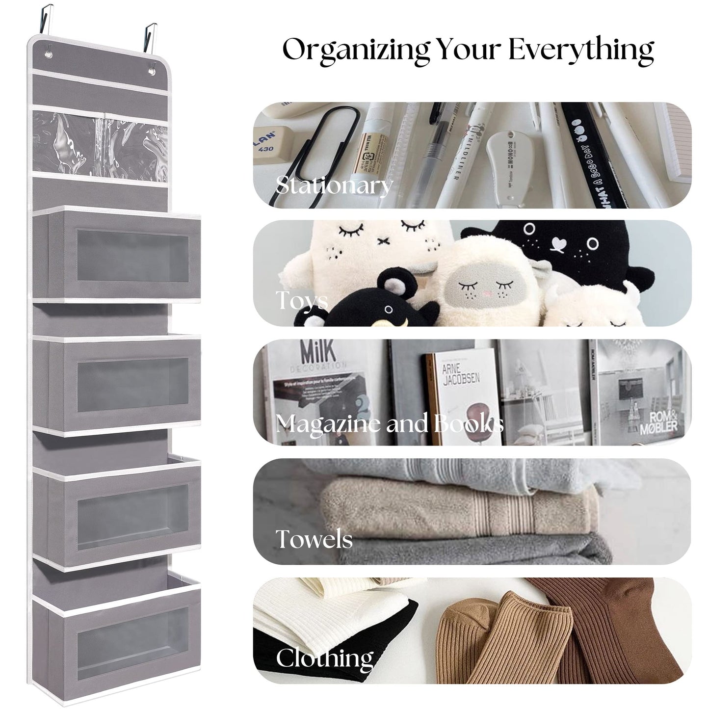 Over Door Organizer with 4 Large Capacity Pockets, Hanging Organizer Storage for Closet Bathroom Nursery Bedroom Dorm, Toys Cosmetics Sundries and Baby Essentials, Gray