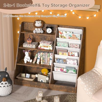 White Kids Bookshelf Wood Toy Storage Organizer Cabinet Children Bookcase Toddler Baby Sling Book Rack 3 Cube Bins Fabric Drawers for Playroom Bedroom Nursery School