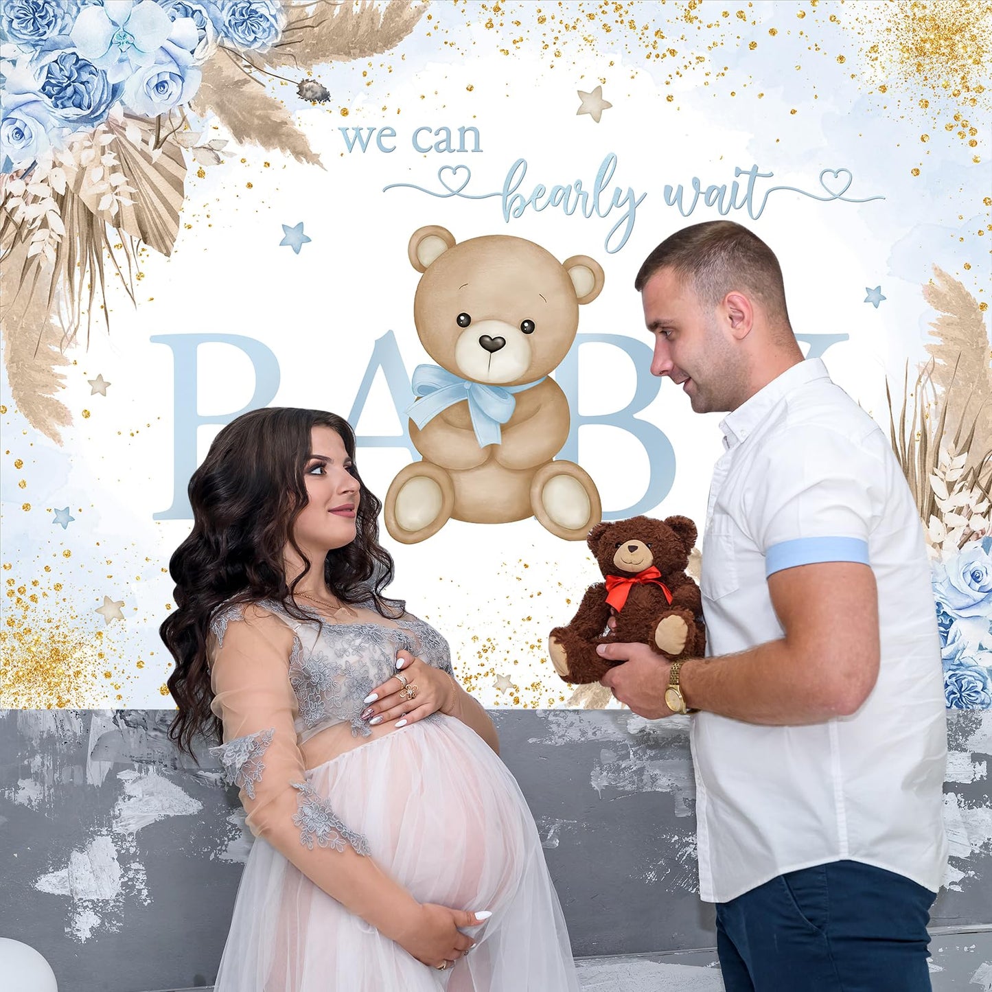 Mocsicka Girl Bear Backdrop Pink Boho Pampas Grass Background We Can Bearly Wait Baby Shower Party Cake Table Decoration Photo Booth Props (7x5ft)