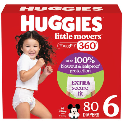 Huggies Size 4 Baby Diapers, Little Movers HuggFit 360° Baby Diapers with 360° Waistband, Size 4 (22-37 lbs), 144 Count, Packaging May Vary