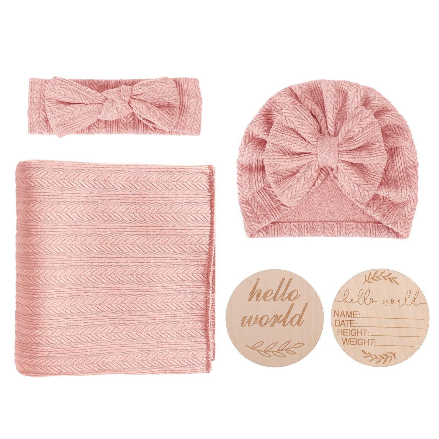 DRESHOW BQUBO Baby Swaddle Blankets for Girls, 4PCS Newborn Accessories Set with Matching Hat and Bow Headband with Card