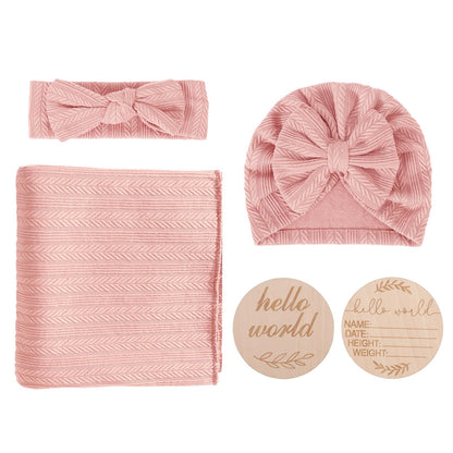 DRESHOW BQUBO Baby Swaddle Blankets for Girls, 4PCS Newborn Accessories Set with Matching Hat and Bow Headband with Card