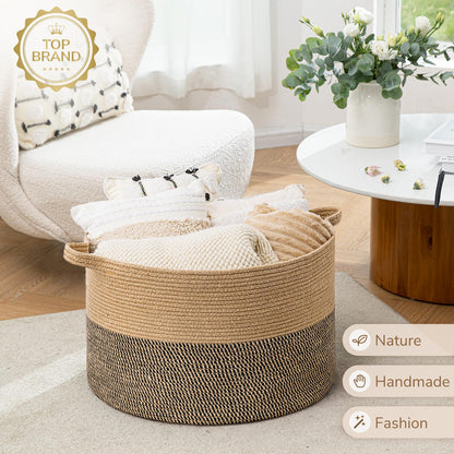 INDRESSME XXXLarge Cotton Rope Basket 21.7" x 21.7" x 13.8" Woven Baby Laundry Blanket Basket Toy Baskets with Handle Storage Comforter Cushions Thread Laundry Hamper