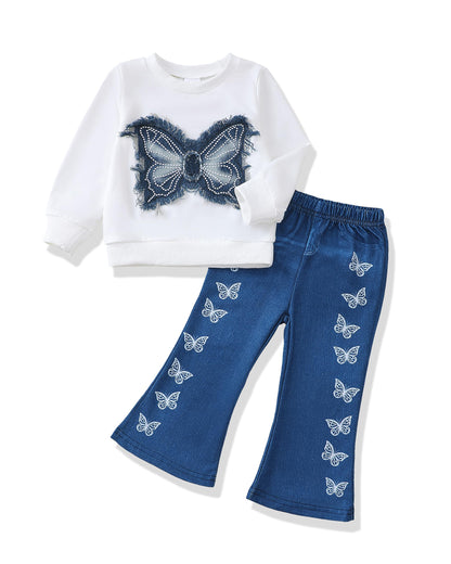 Renotemy Toddler Baby Girl Clothes Fall Winter Outfits Gifts Sweatshirt Bell Bottom Jeans Pants for 12Months-5 Year Girls