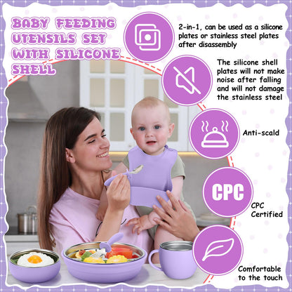 Nuogo 6 Pcs 304 Stainless Steel Kids Plates and Bowls Set Stainless Steel Suction Bowls and Toddler Cup with Removable Silicone, Forks Spoons Pocket Bib for Baby Toddle(Pink,Round)