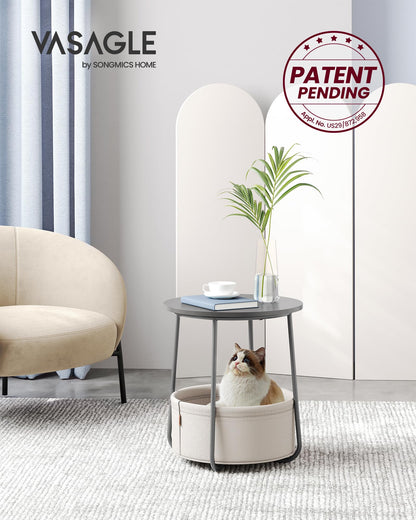 VASAGLE End Table, Small Bedside Table with Fabric Basket, Modern Nightstand, Round Side Table, for Living Room, Bedroom, Matte White and Camel Brown ULET223W10