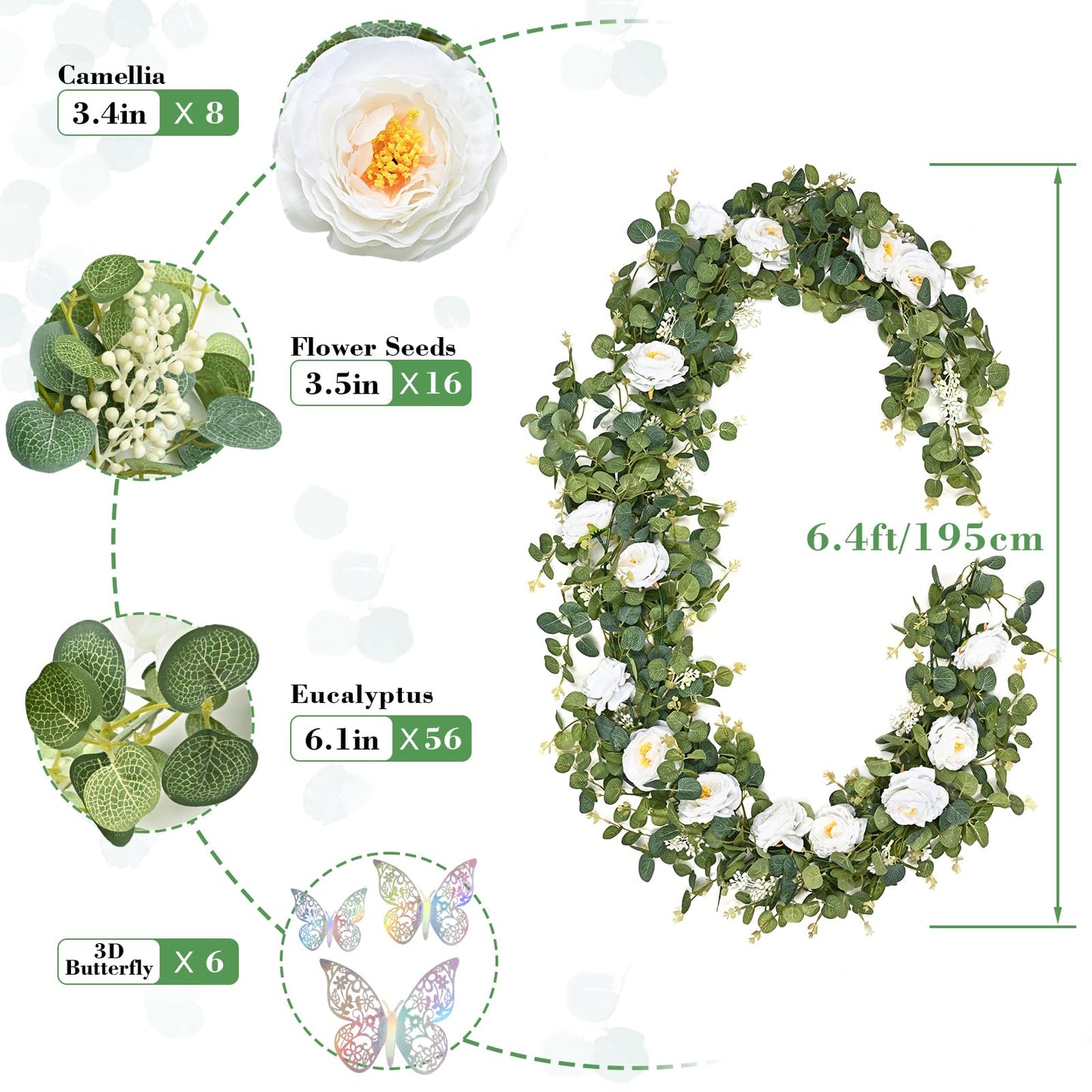 Yastouay 6.4 Ft Fuller Artificial Eucalyptus Garland with Champagne Flowers Fake Rose Vine for Table Centerpiece Wedding Baby Shower Party Room Backdrop Decor