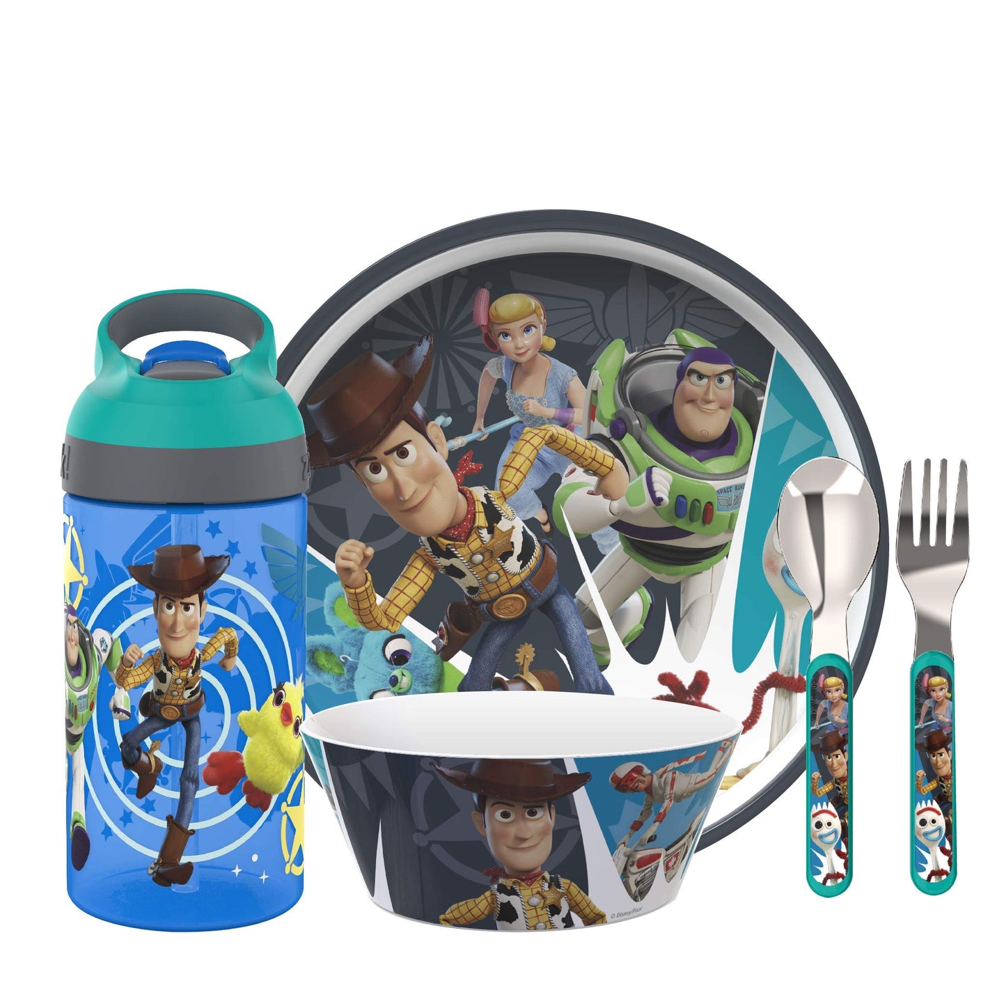 Zak Designs 5-Piece Dinnerware Set, Baby Shark - Durable Plastic & Stainless Steel - Includes Water Bottle, 8-Inch Plate, 6-Inch Bowl, Fork & Spoon - Suitable for Kids Ages 3+