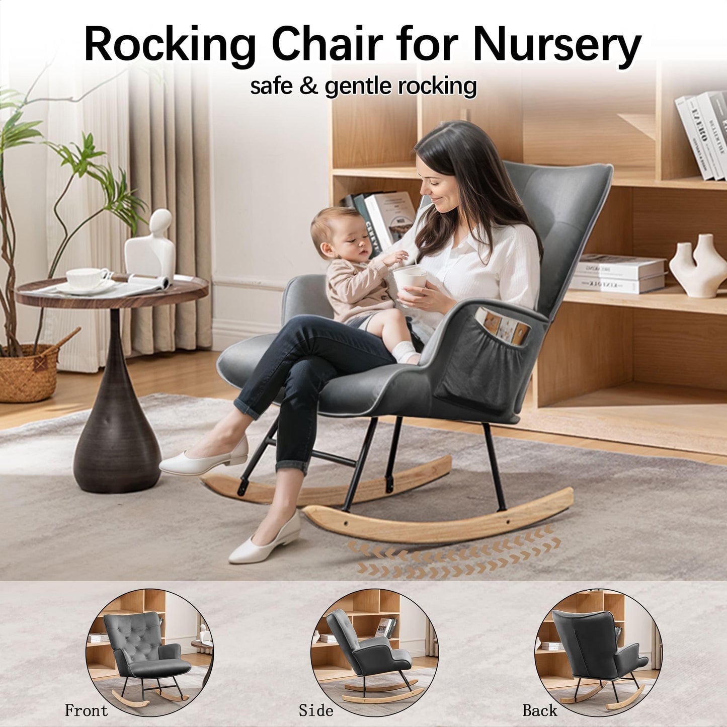 Rocking Chair for Nursery, Comfy Velvet Fabric Glider Rocker, Reading Chair with Support Seating and Side Pockets, Rocking Recliner Chair for Living Room, Bedroom, Balcony, Creamy Beige