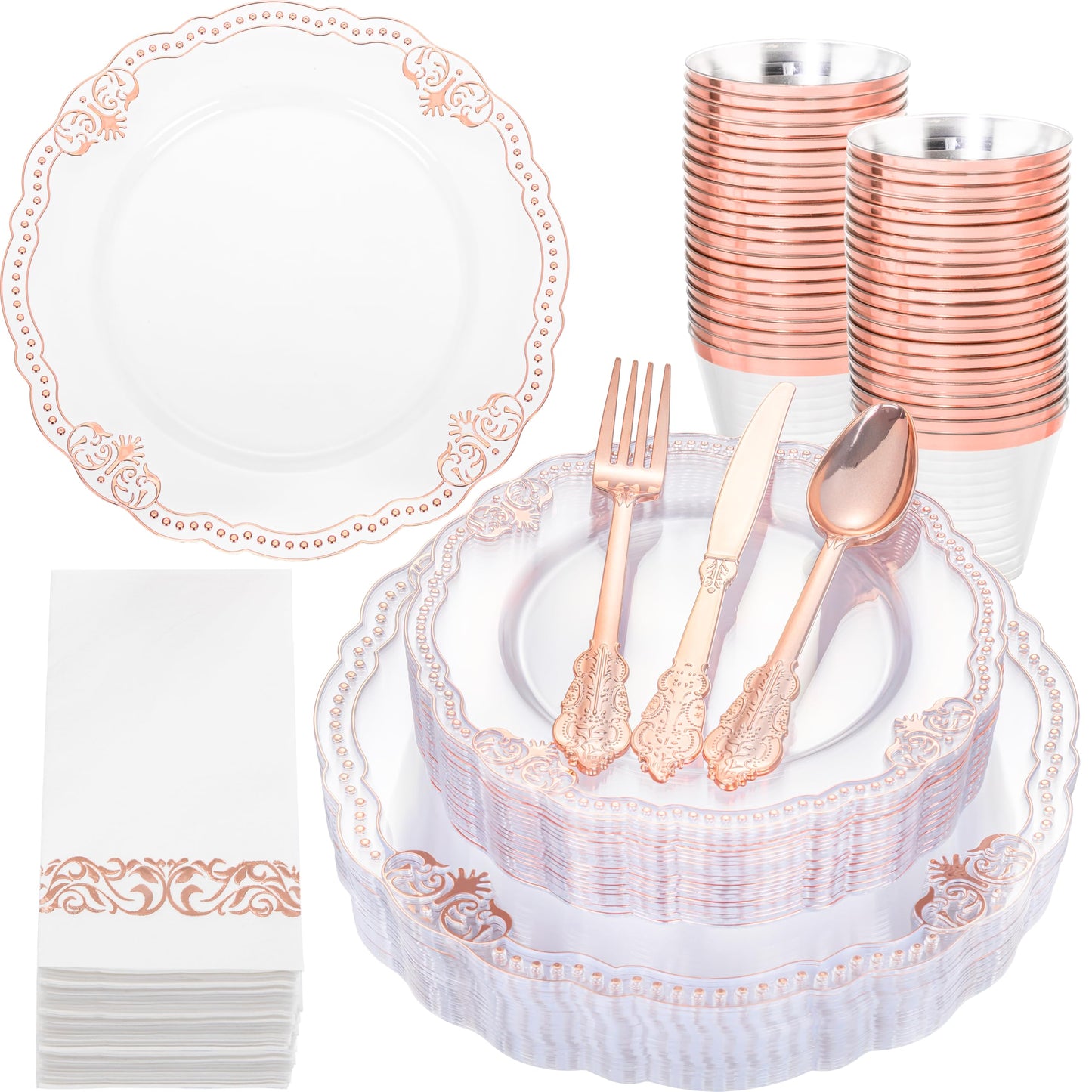Ciaell 175 PCS White and Gold Plastic Plates - Fancy Gold Disposable Dinnerware Set with of 25 Dinner Plates, 25 Salad Plates, 25 Knives, 25 Forks, 25 Spoons, 25 Cups, 25 Napkins for Weddings Party