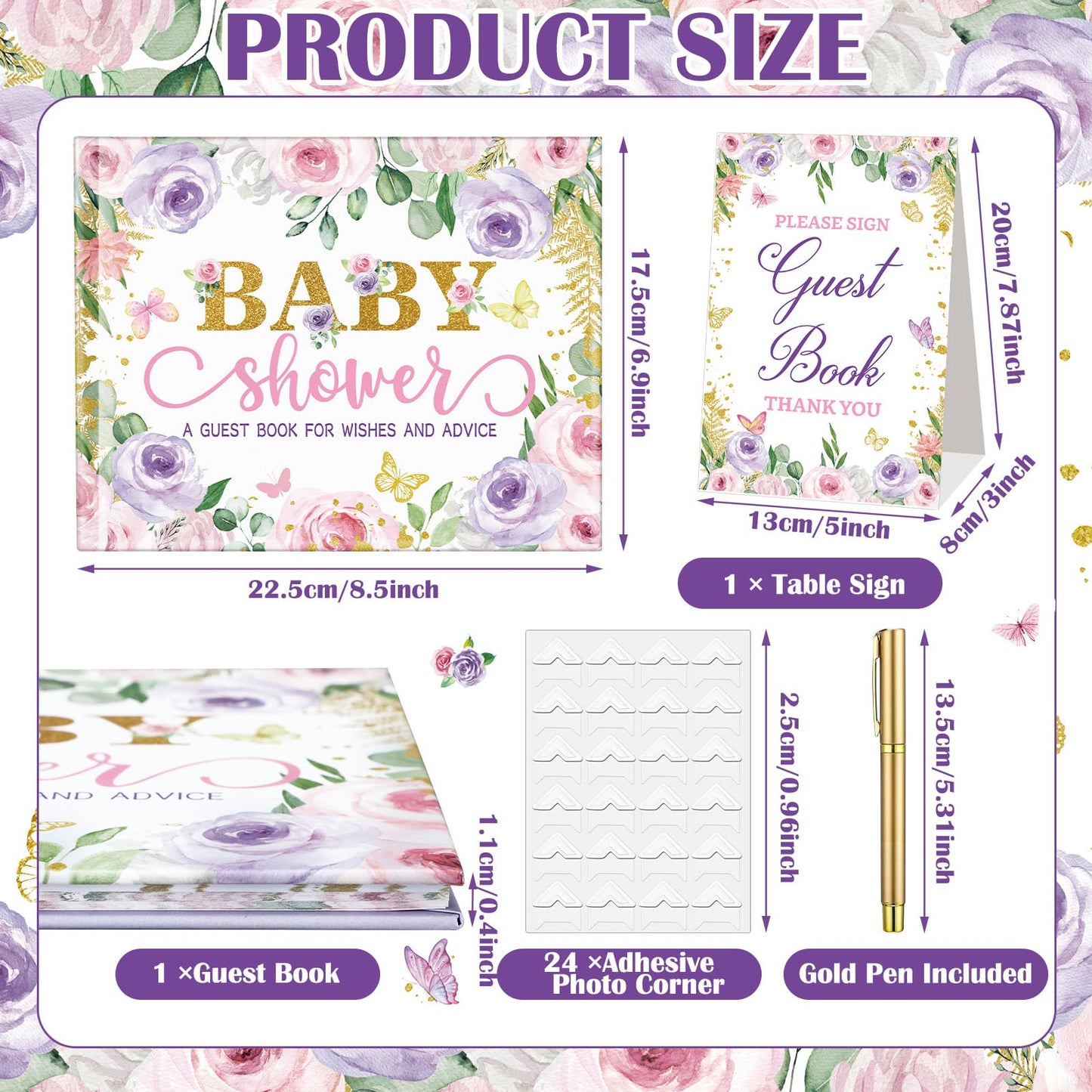 27 Pcs Butterfly Floral Baby Shower Guest Book Set Baby Shower Sign in Guest Floral Book Place Table Cards with Gold Pen Adhesive Photo Corner for Birthday Party