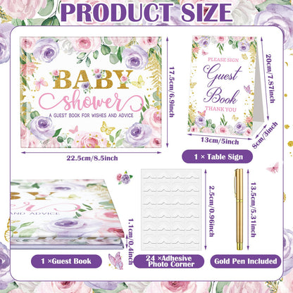 27 Pcs Butterfly Floral Baby Shower Guest Book Set Baby Shower Sign in Guest Floral Book Place Table Cards with Gold Pen Adhesive Photo Corner for Birthday Party